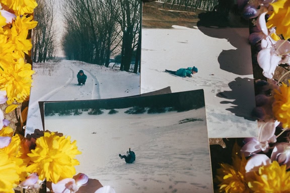 Collage de imágenes de un niño jugando en la nieve en invierno