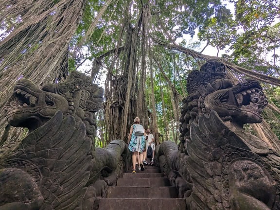 Ľudia kráčajúci po kamennom schodisku zdobenom sochami draka v posvätnom opičom lese Ubud na Bali v Indonézii