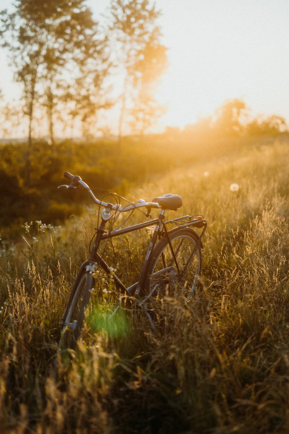 Polkupyörä maaseudun nurmikolla, jonka taustavalona on kirkas aurinko iltapäivällä kesällä