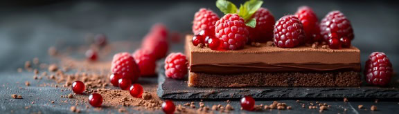 Sepotong kue cokelat gourmet yang memanjakan dengan raspberry dan kayu manis