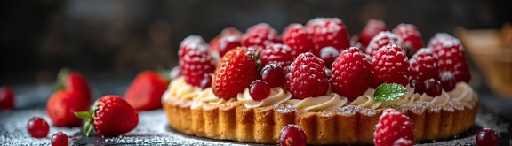 Un postre gourmet con frambuesas, fresas, crema de vainilla y con azúcar glas