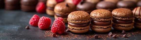 Een gourmet sandwich-macaron chocoladekoekjes met kaneel en frambozen