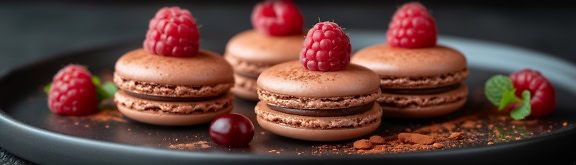 Französische Makronenkekse mit Schokolade und Zimt, dekoriert mit frischen Himbeeren