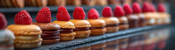 Biscoitos de macarrão francês com recheio de creme de chocolate e framboesas por cima