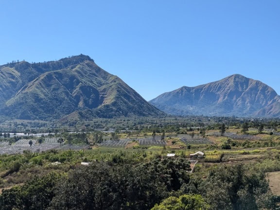 Landscape of valley with agricultural fields and vineyards and with mountains in the background