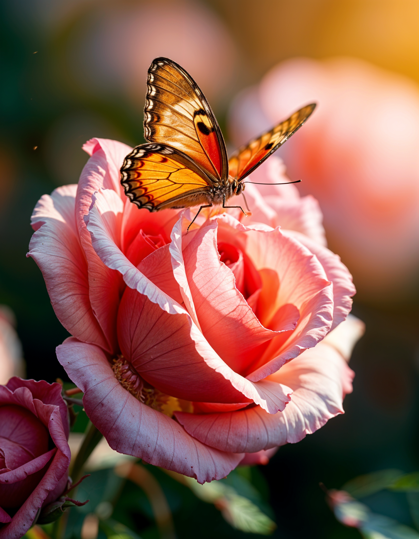 Una hermosa mariposa en una flor de rosa rosa