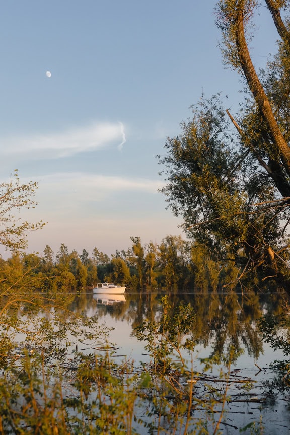 Small river boat docked on calm river