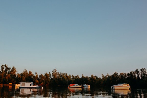 Kleine motorvissen en plezierboten op het water van het meer in de schemering