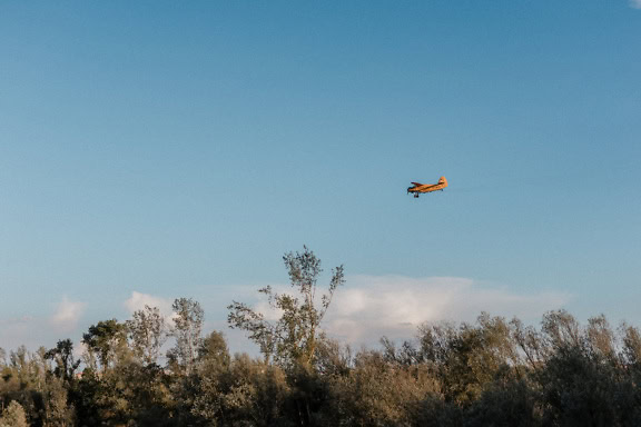 Um velho biplano civil voando através do céu azul acima das árvores