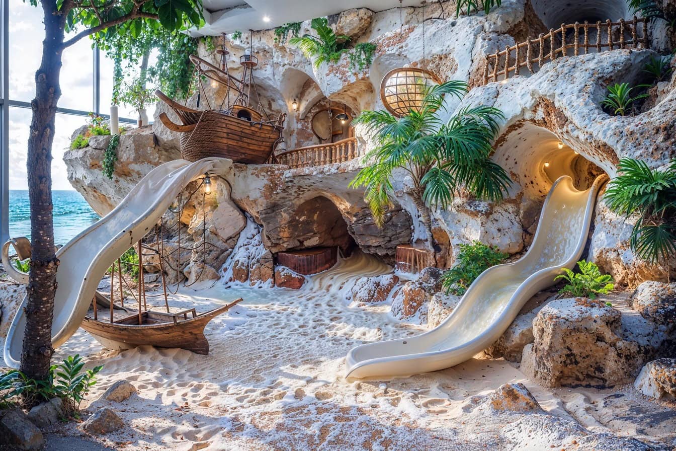 A wonderworld theme park and playground inspired by tropical beach with medieval sail ship theme