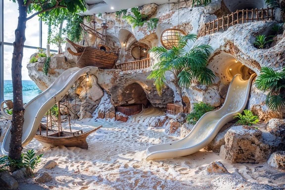 Un parc à thème et une aire de jeux Wonderworld inspirés d’une plage tropicale sur le thème des voiliers médiévaux