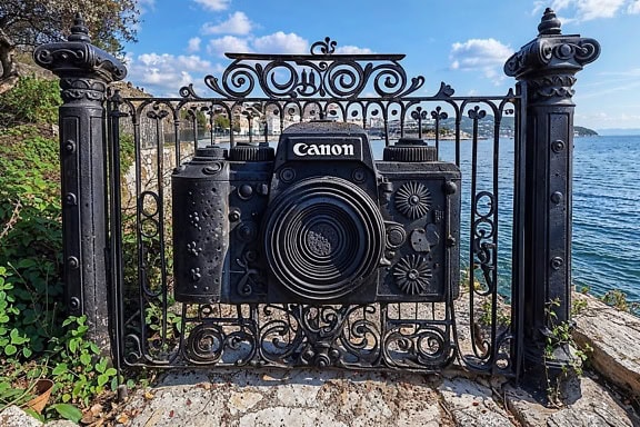 Fence with a cast iron sculpture of a Canon digital camera on a fence