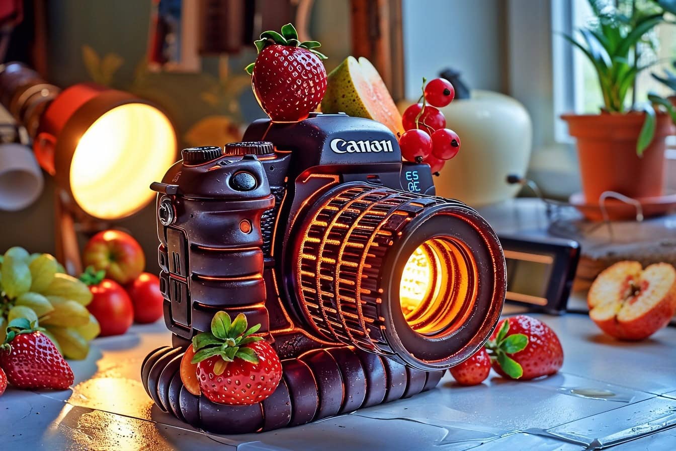 Fotomontage av en Canon-kamera med frukter på