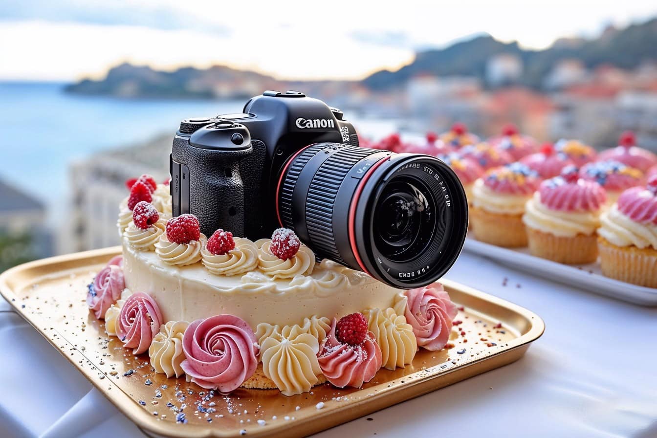 Üzerinde yakınlaştırma lensi olan bir Canon dijital fotoğraf makinesi olan bir fotoğrafçı için mükemmel bir doğum günü pastası