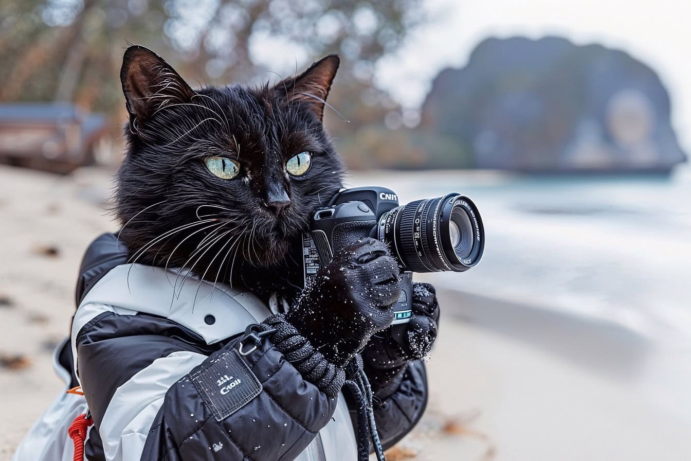 Fotomontaža fotografa crne mačke u zimskoj jakni koja drži digitalni foto fotoaparat