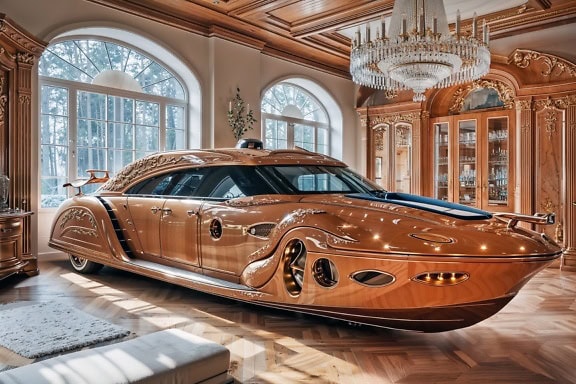 Luxury car-boat in a fancy living room of a billionaire