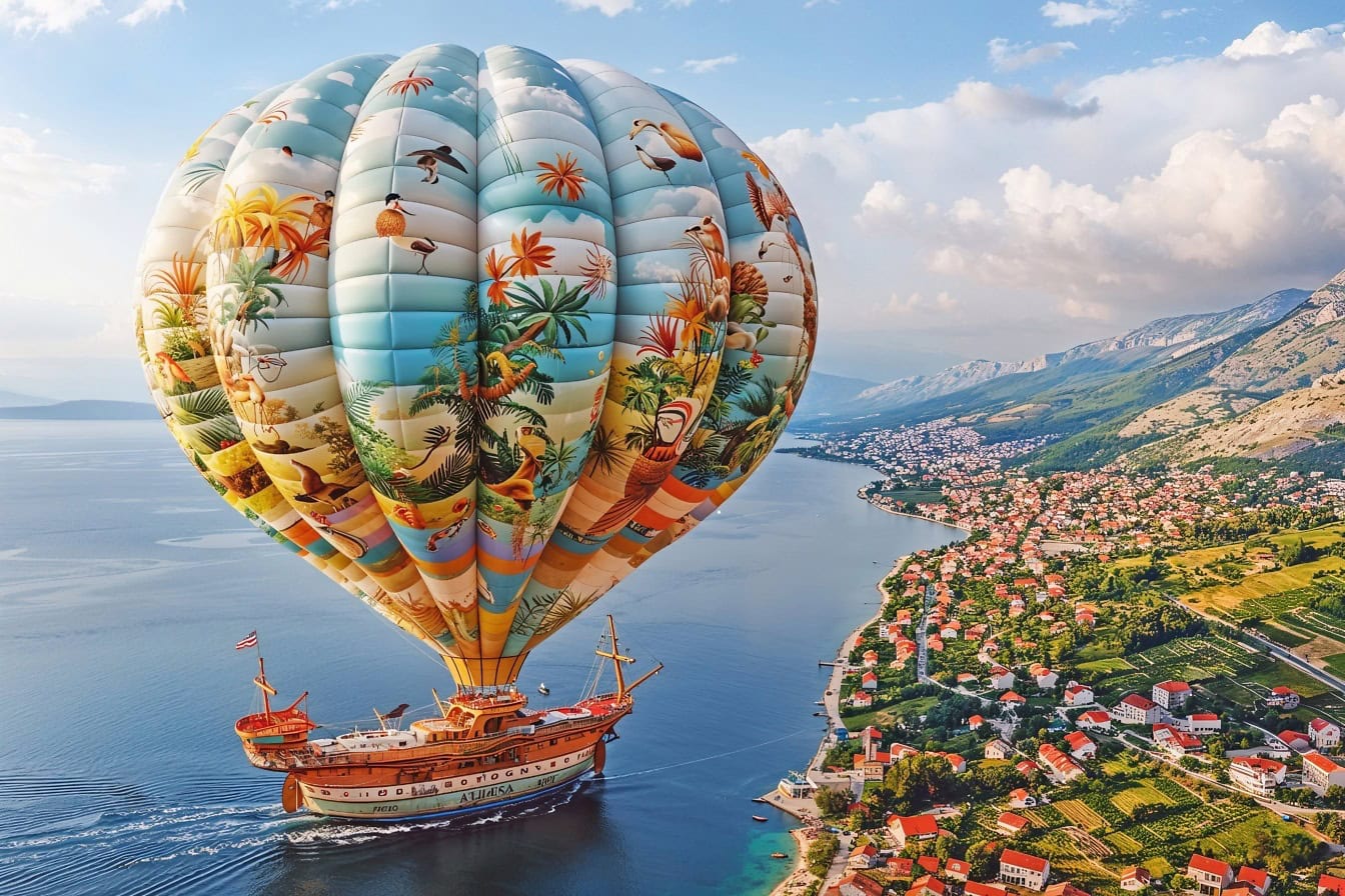 Aerial illustration of a fairytale dreamworld with a hot air balloon on a sailing ship