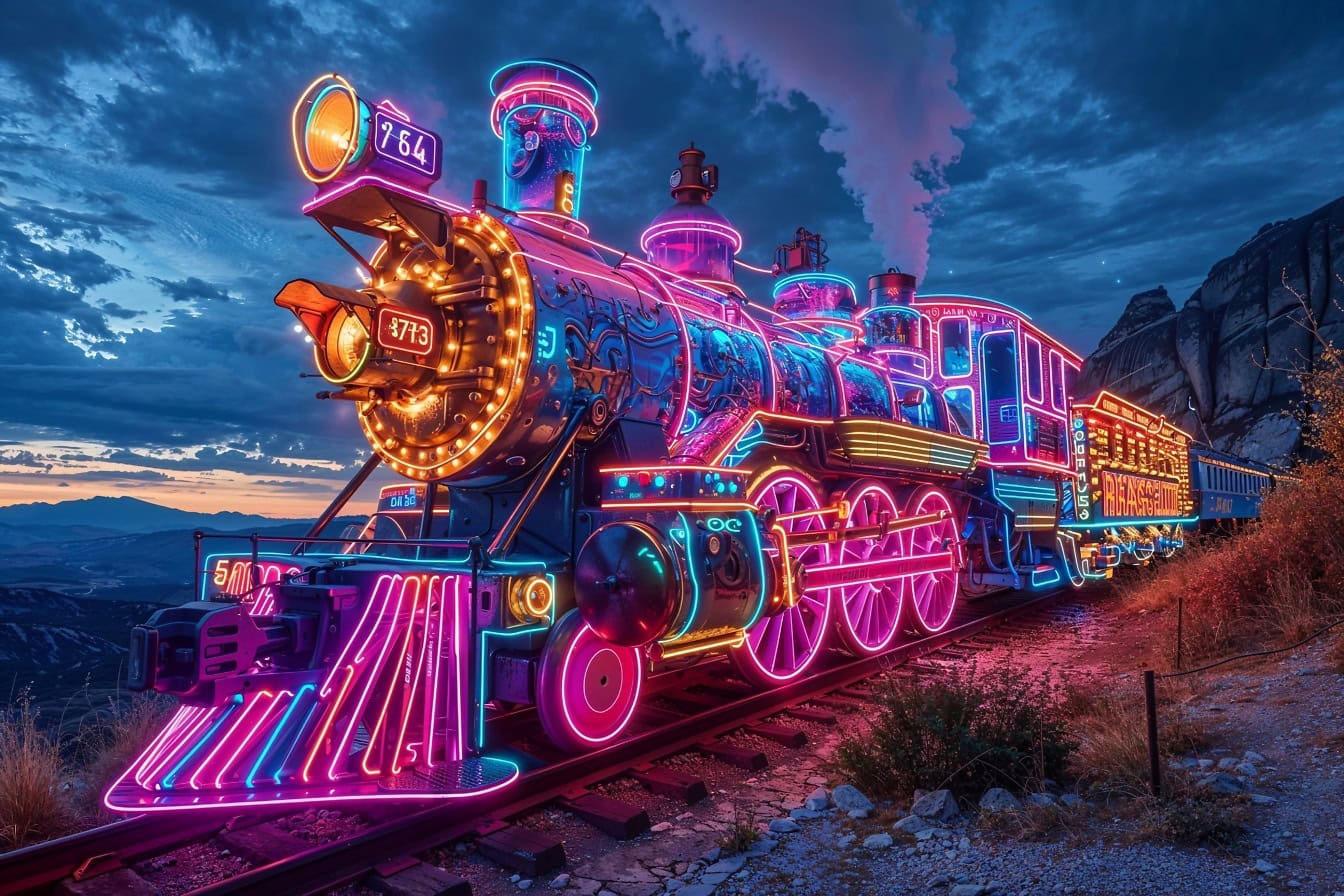 Fotomontaj frumos al unei locomotive cu aburi în stil cyber punk, o locomotivă cu aburi cu lumini de neon strălucitoare pe șinele de tren noaptea