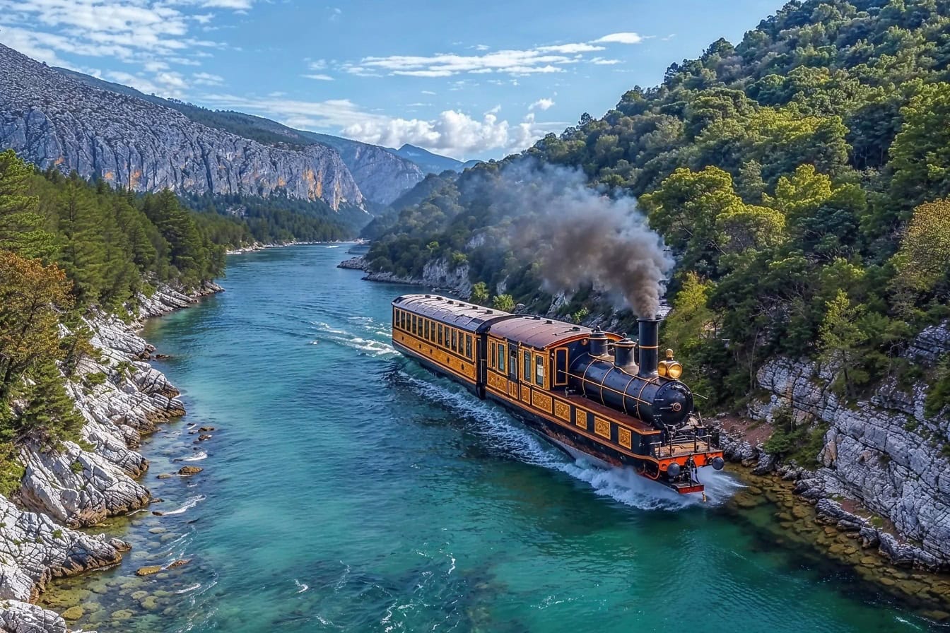 Illustratie van een oude stoomtrein op de rivier