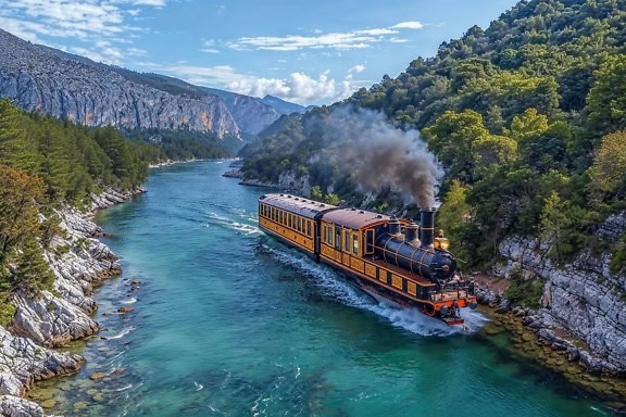 Illustration einer alten Dampfeisenbahn auf dem Fluss