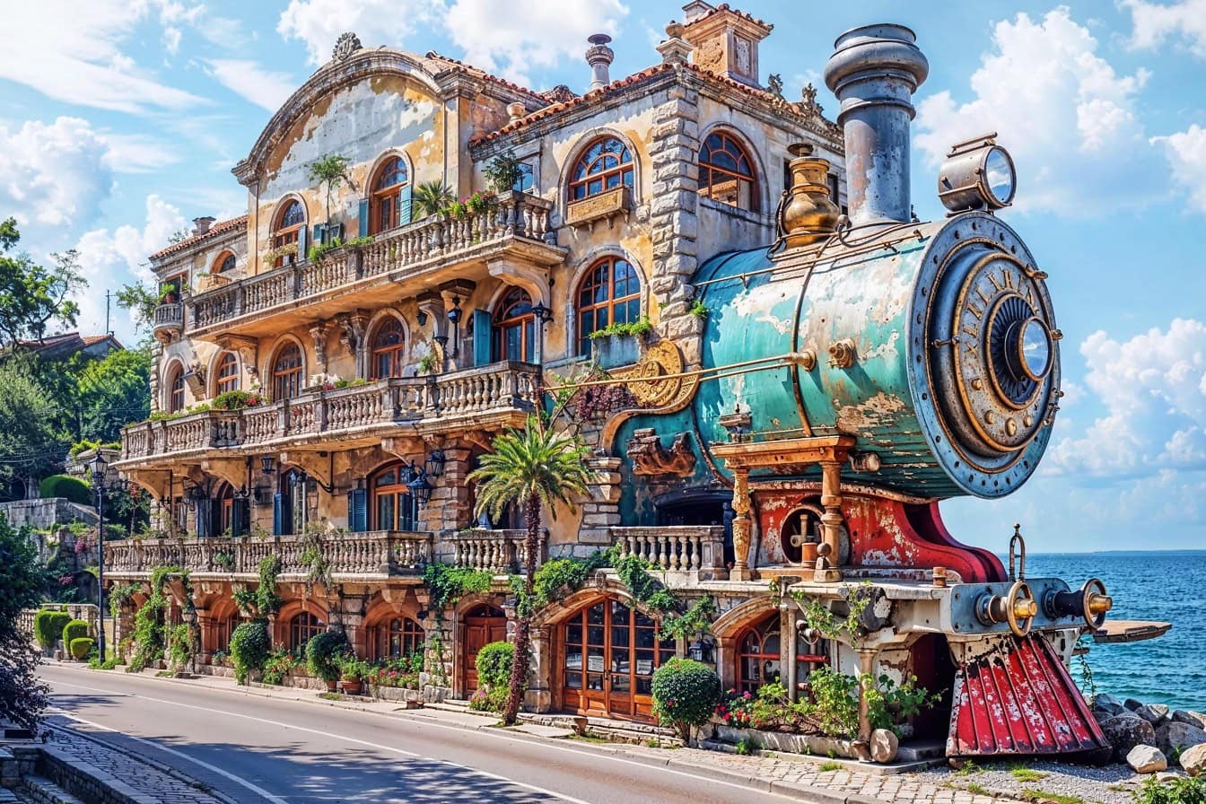 Un fotomontaje de un edificio en la playa en forma de un antiguo tren de vapor