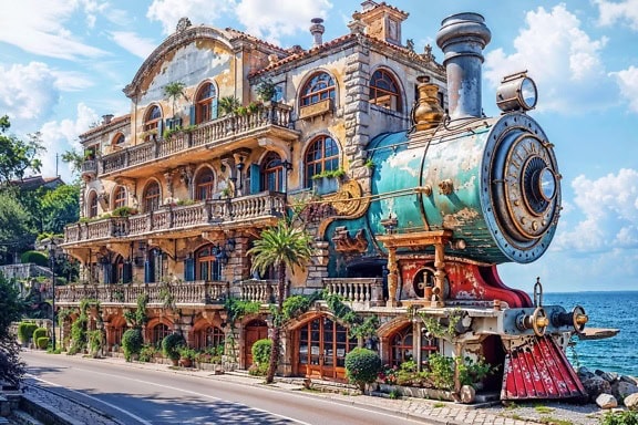 Un photomontage d’un bâtiment sur la plage en forme d’ancien train à vapeur