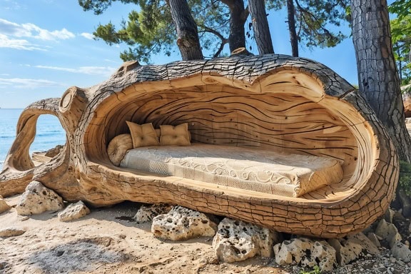 A unique bed made out of a tree trunk on a beachfront