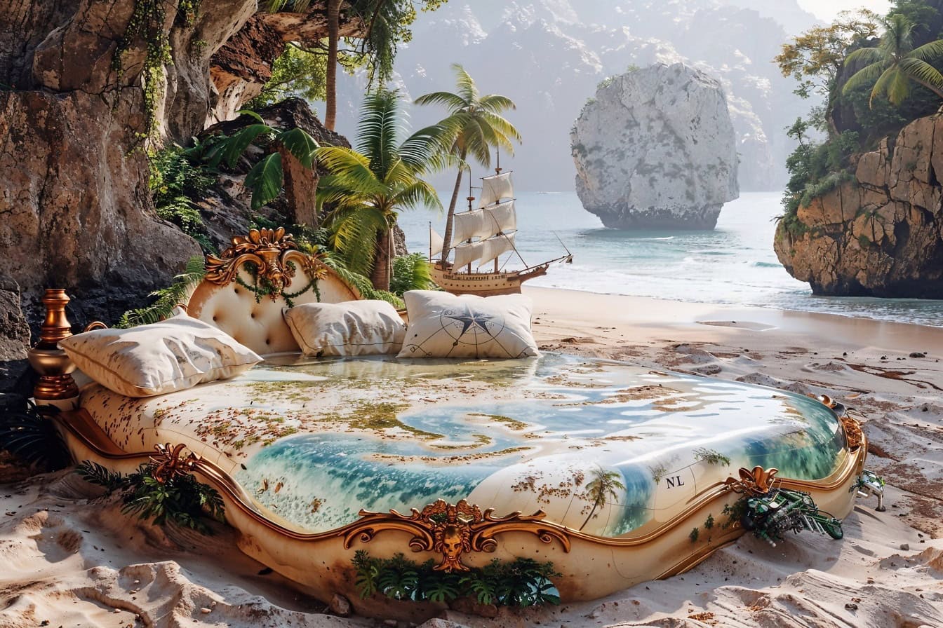 Uma cama de casal real de estilo náutico em uma praia tropical, uma viagem de sonho