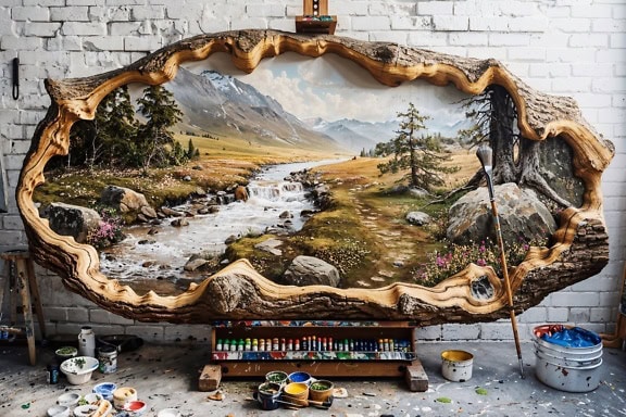 Une peinture d’une rivière et de montagnes sur un morceau de bois