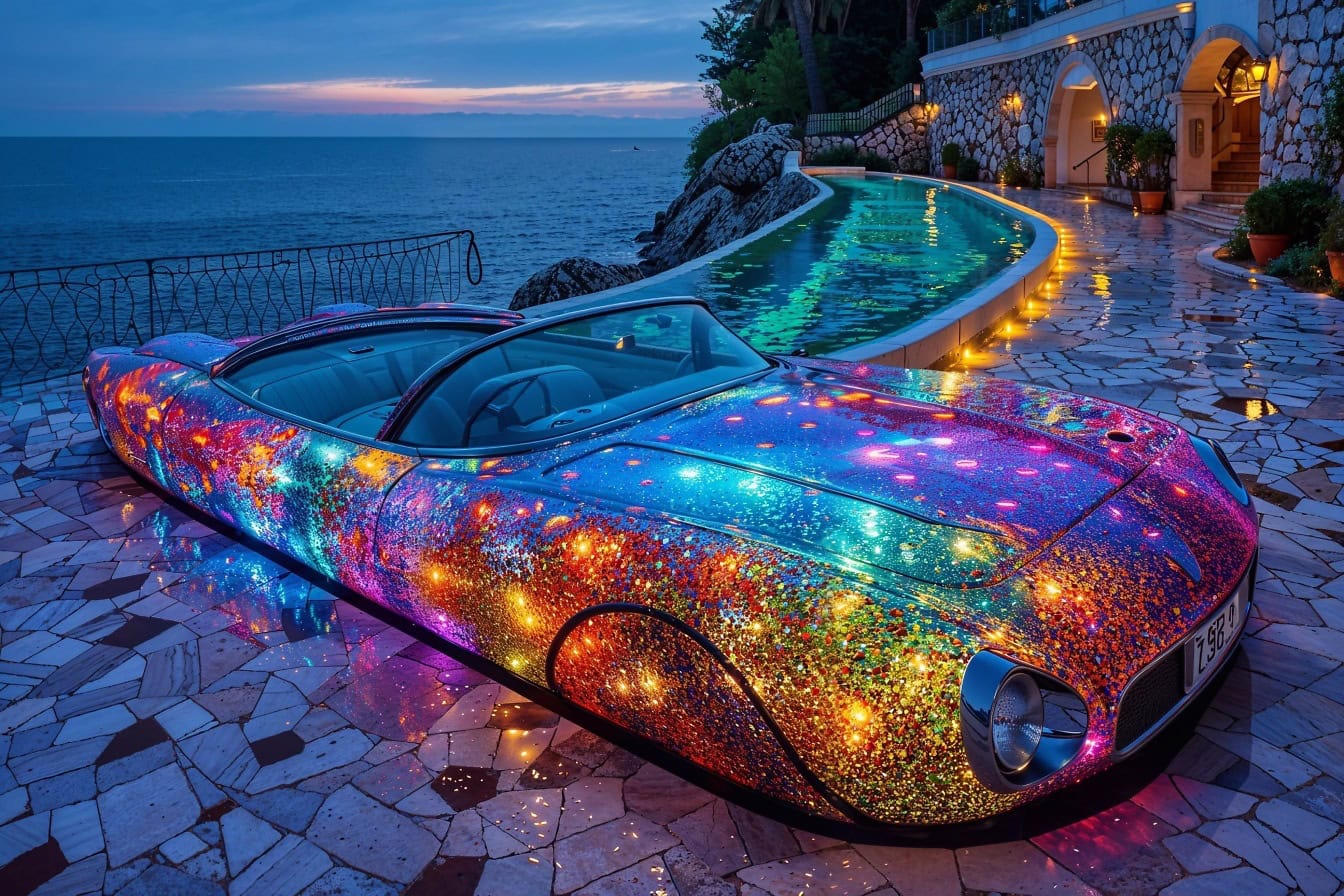 Carro colorido iluminado no terraço ao lado da piscina de uma villa de luxo à noite