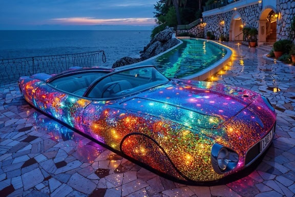 Voiture colorée illuminée sur la terrasse à côté de la piscine d’une villa de luxe le soir