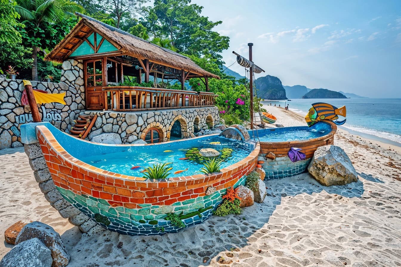 A spa with jacuzzi hot tub in a shape of boat, a swimming pool with an aquarium on a beachfront