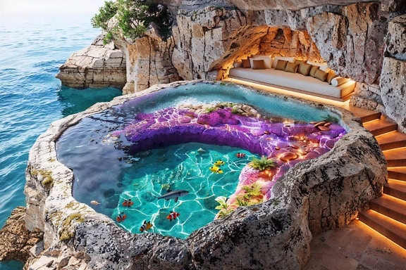 Un centro benessere con vasca idromassaggio jacuzzi, una piscina con un acquario sulla scogliera in un resort di lusso