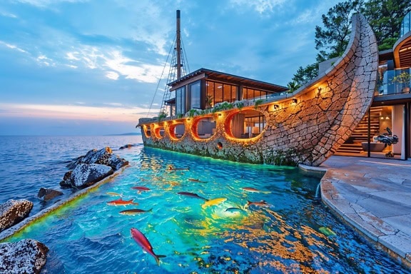 Fotomontaggio di una villa fronte mare a forma di veliero con piscina-acquario con pesci