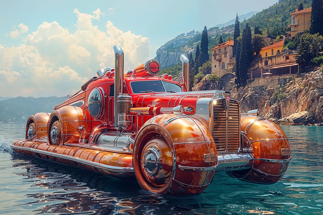 Ein rot-goldenes Fahrzeug im Cyberpunk-Stil, ein futuristisches Truck-Schiff auf dem Wasser in der Nähe der Meeresküste