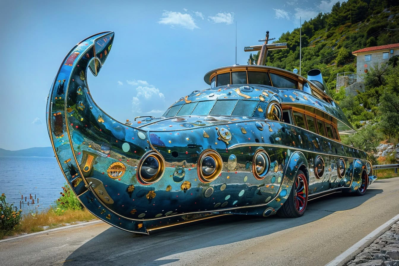 Une grande limousine de luxe en forme de yacht sur la route au bord de la plage