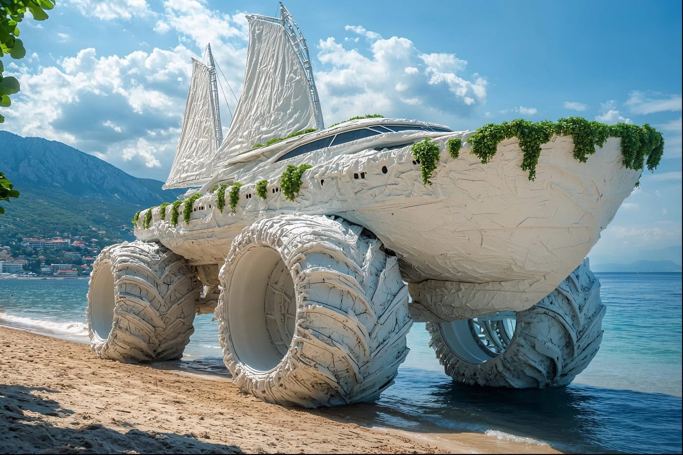 Coche-velero blanco con neumáticos grandes en la playa del mar