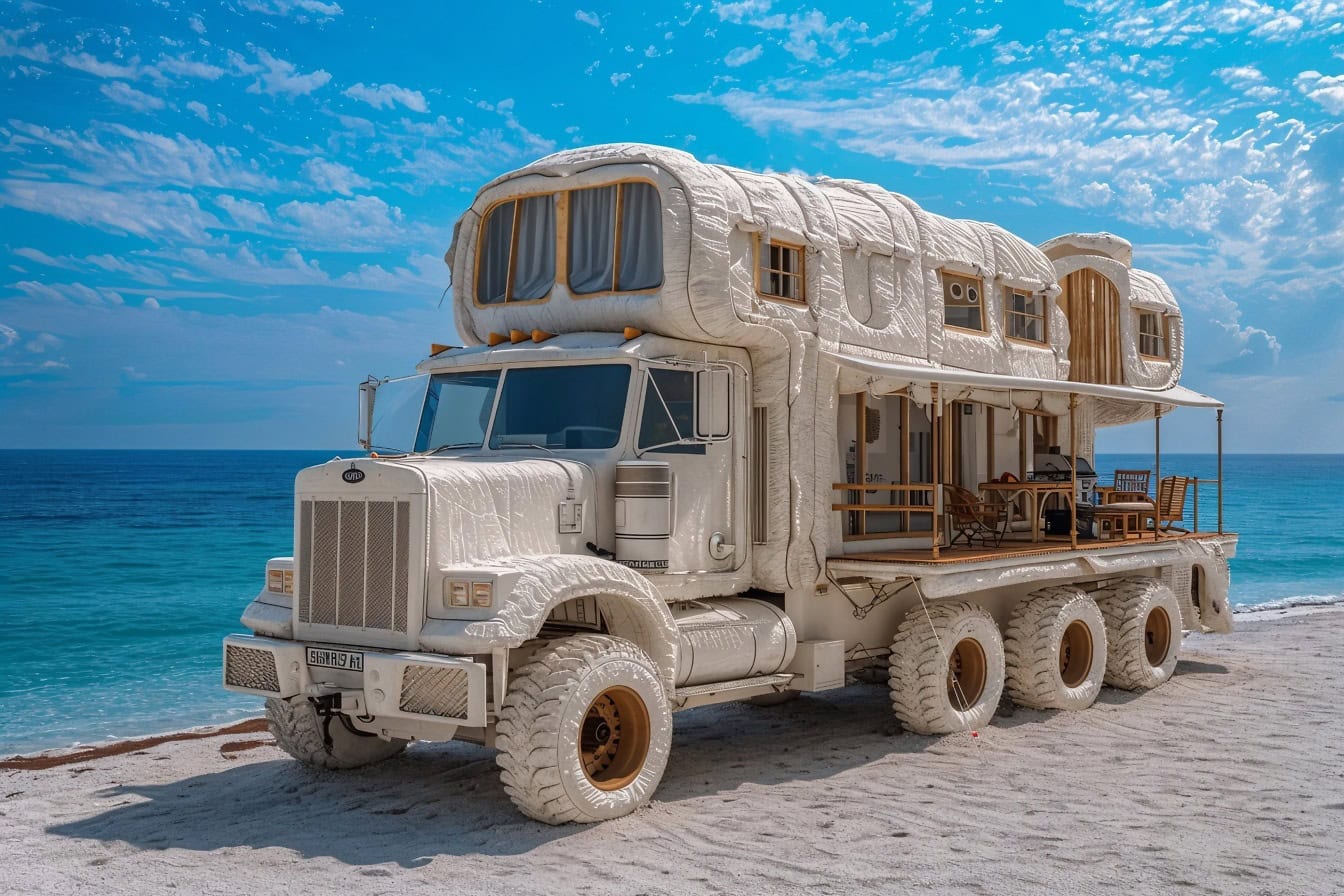 Weißer Lastwagen mit Anhänger, der in ein Freizeitfahrzeug mit einer am Strand geparkten Veranda umgewandelt wurde