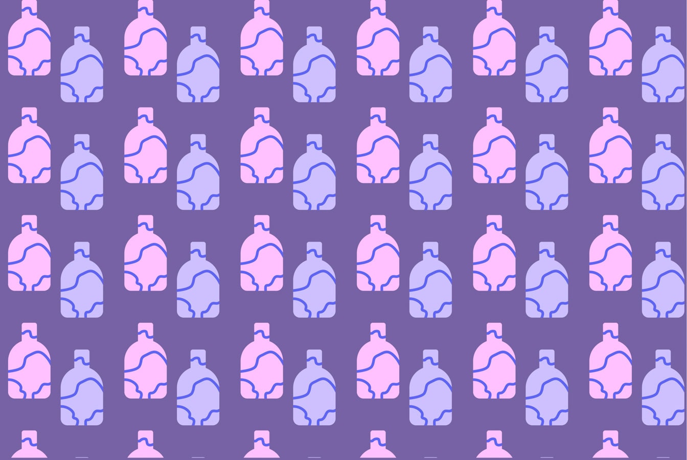 Ceramic pots pattern illustration, pink bottles on purple background, a free vector graphic with more than four hundred megapixels (400+ MP)