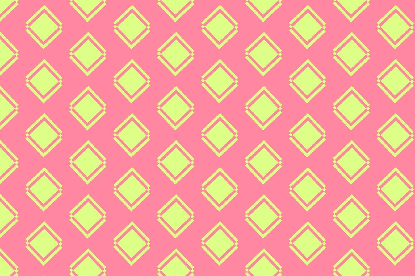 Fundo rosa com textura de losango amarelo, um gráfico vetorial com formas geométricas e simetria de pixel