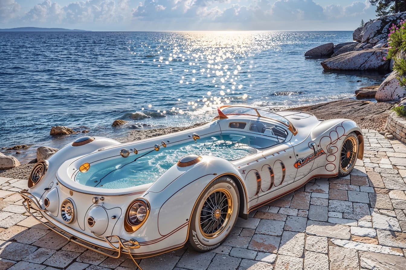 Concept du centre de spa futuriste, une voiture blanche avec jacuzzi, un bain à remous sur un spa mobile