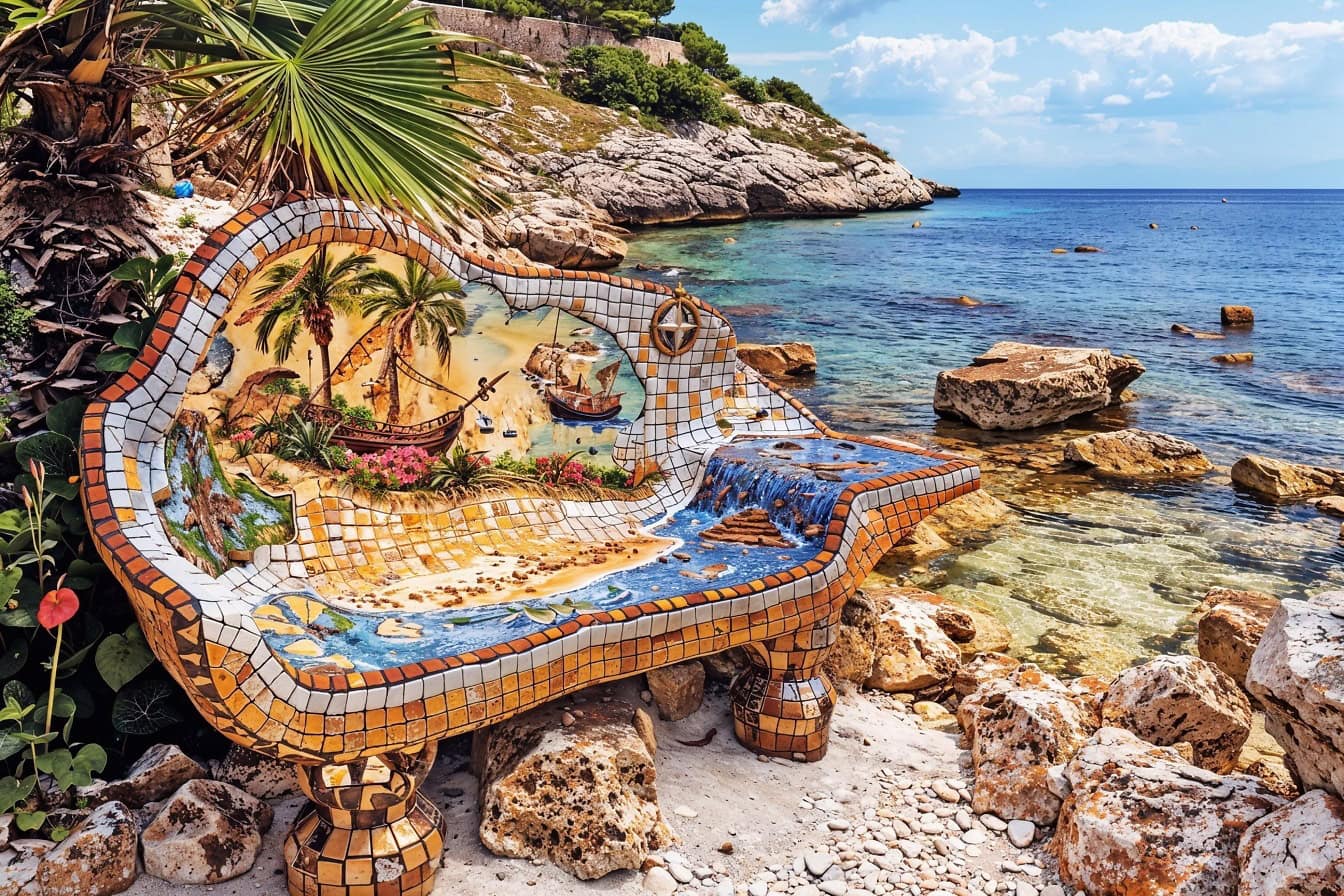 A nautical style mosaic on a bench on a rocky sea beach