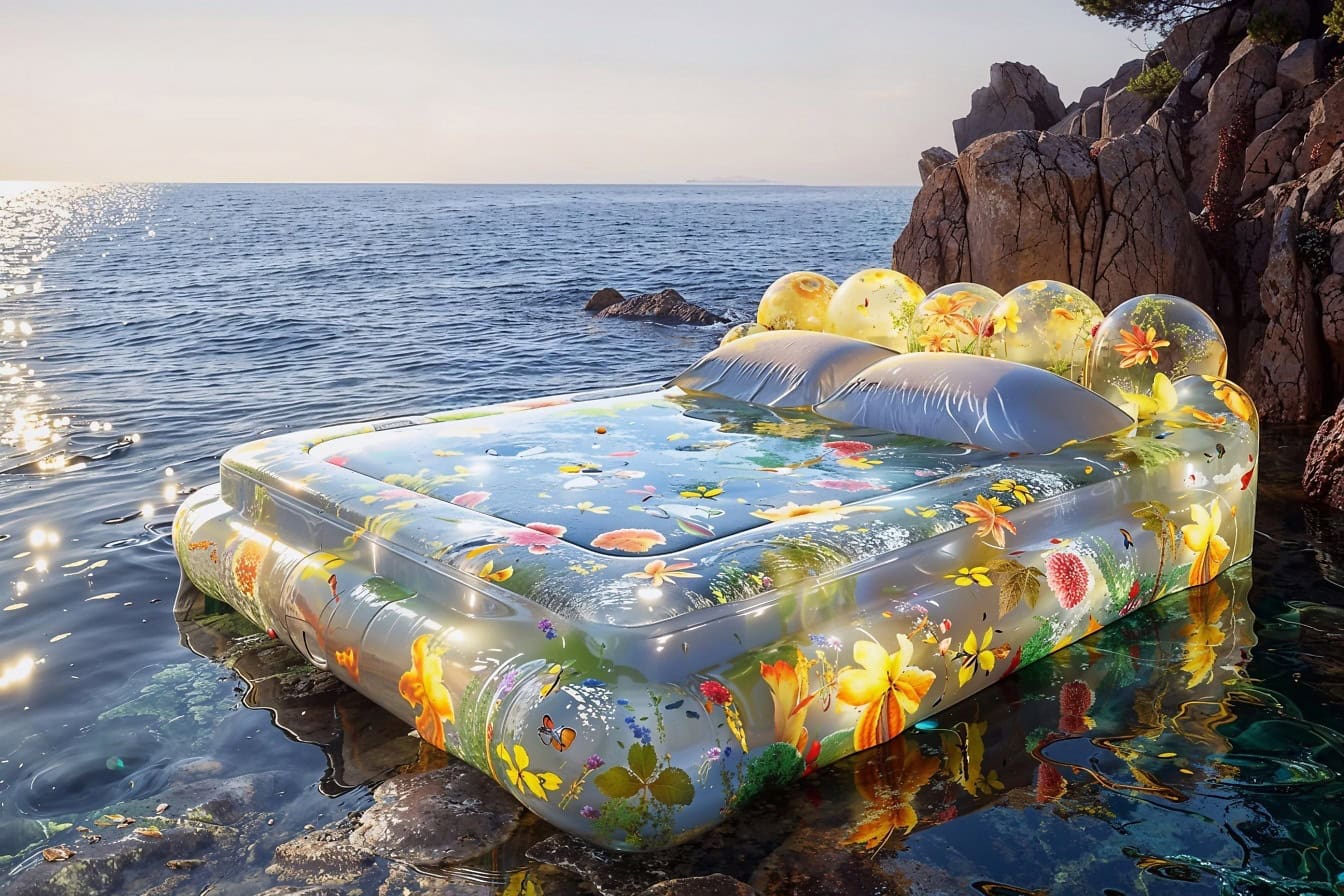 Inflatable waterbed floating on a rocky beach