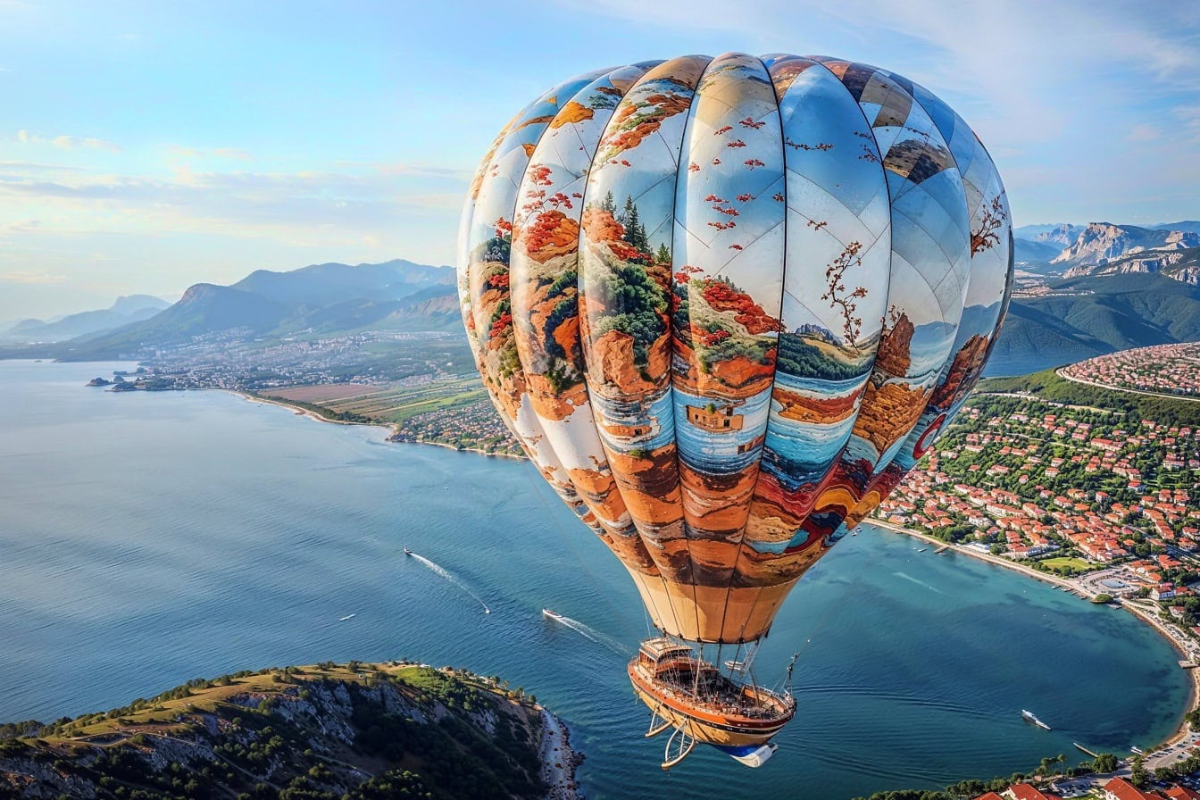 A fairytale colorful hot air balloon flying over a bay