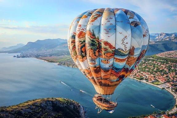 Bir körfezin üzerinde uçan masalsı renkli bir sıcak hava balonu