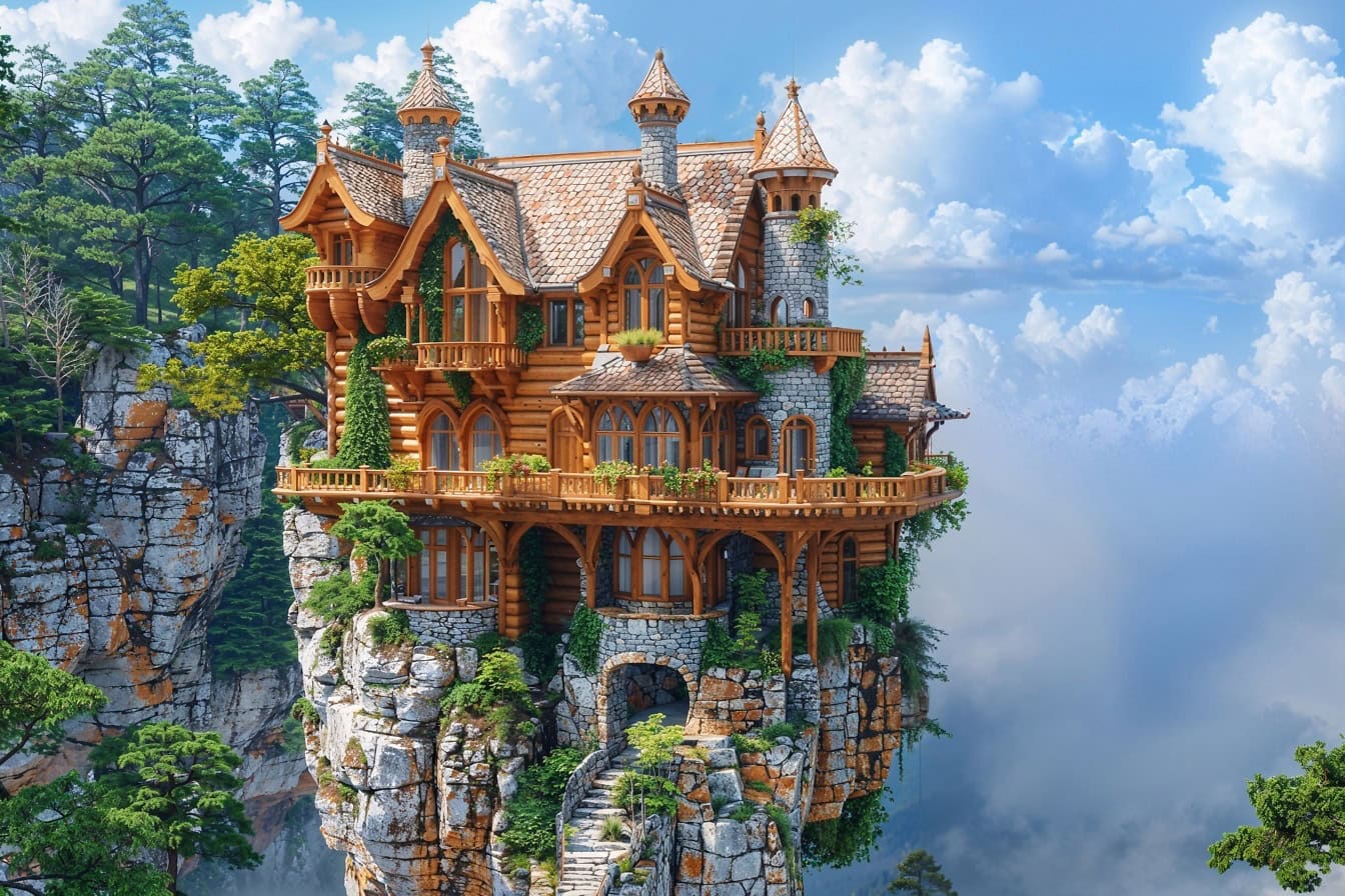 A fairytale castle that hovers above the clouds, a house from a dream world on a cliff