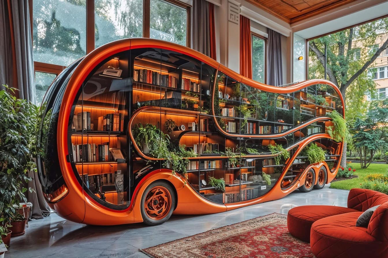 Zeitgenössisches Design eines Bücherregals in Form eines futuristischen Busses in einer modernen Wohnung