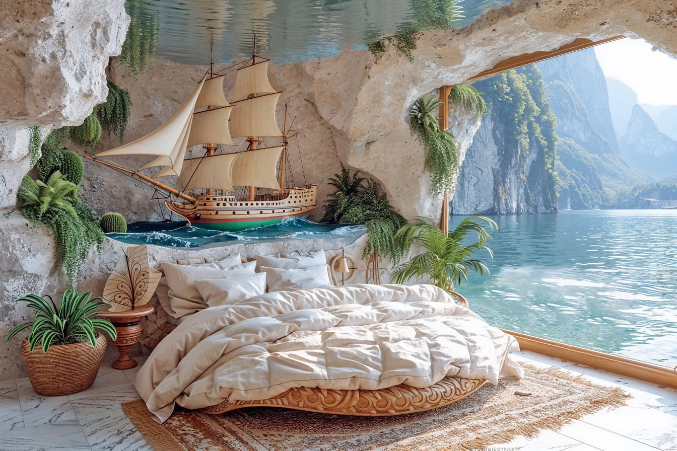 A nautical-style bedroom with a king bed inside a sea cave in a glamping resort