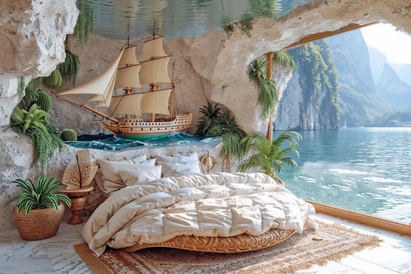 Um quarto de estilo náutico com uma cama king-size dentro de uma caverna marinha em um resort glamping