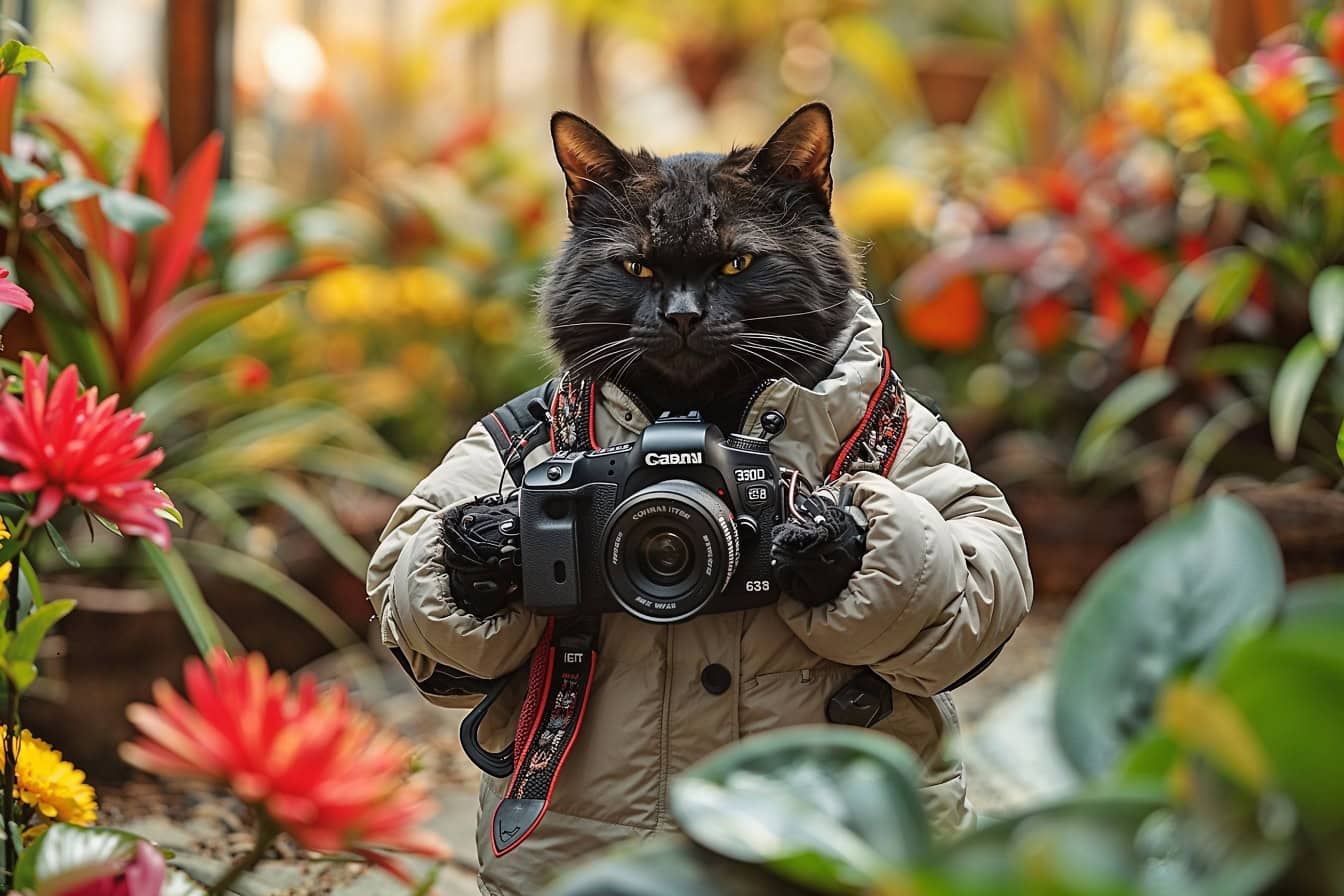 Gráfico engraçado de um fotógrafo de gato vestindo um casaco de inverno e segurando uma câmera digital